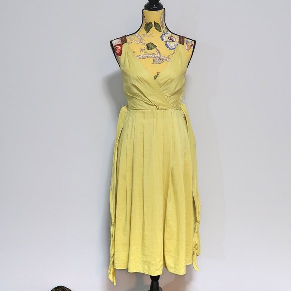 Lida Baday Yellow Belted Pleated Midi Dress 2 - Picture 11 of 13